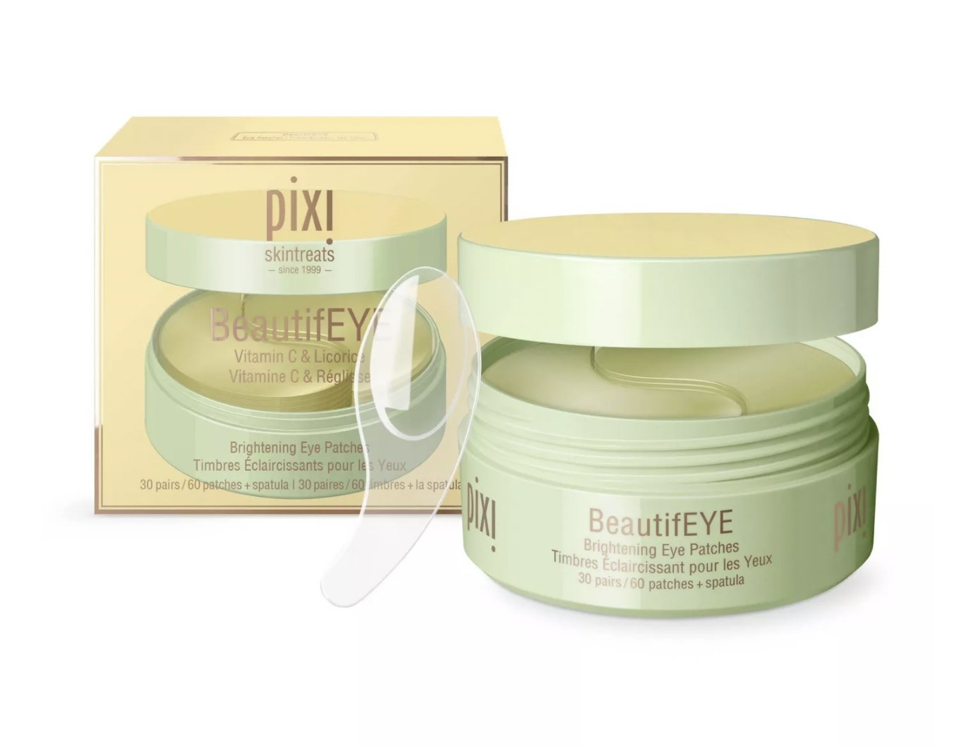 Pixie Beauty green brightening eye patches packaging, container and patch