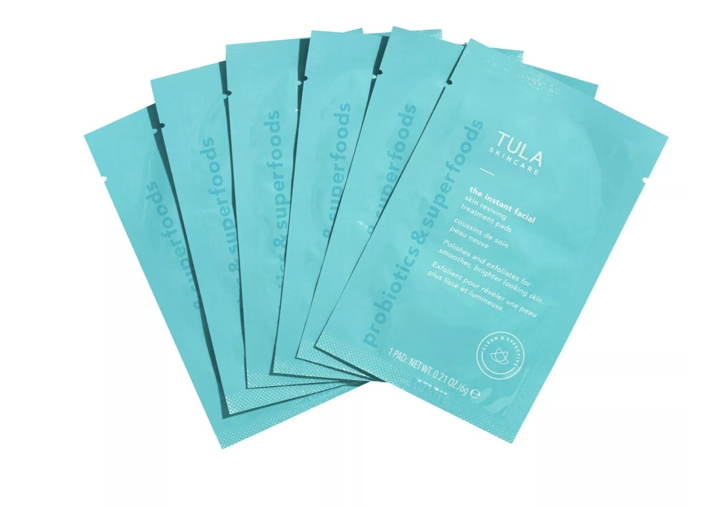 Six light blue packs of Tula&#x27;s instant facial pads
