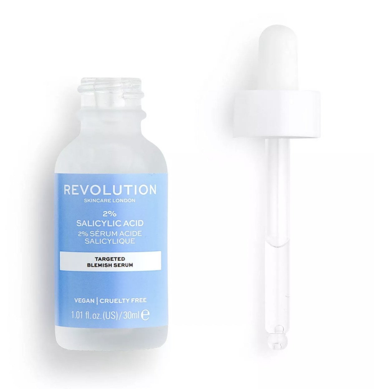 Product shot of bottle of blemish serum with blue label and clear dropper