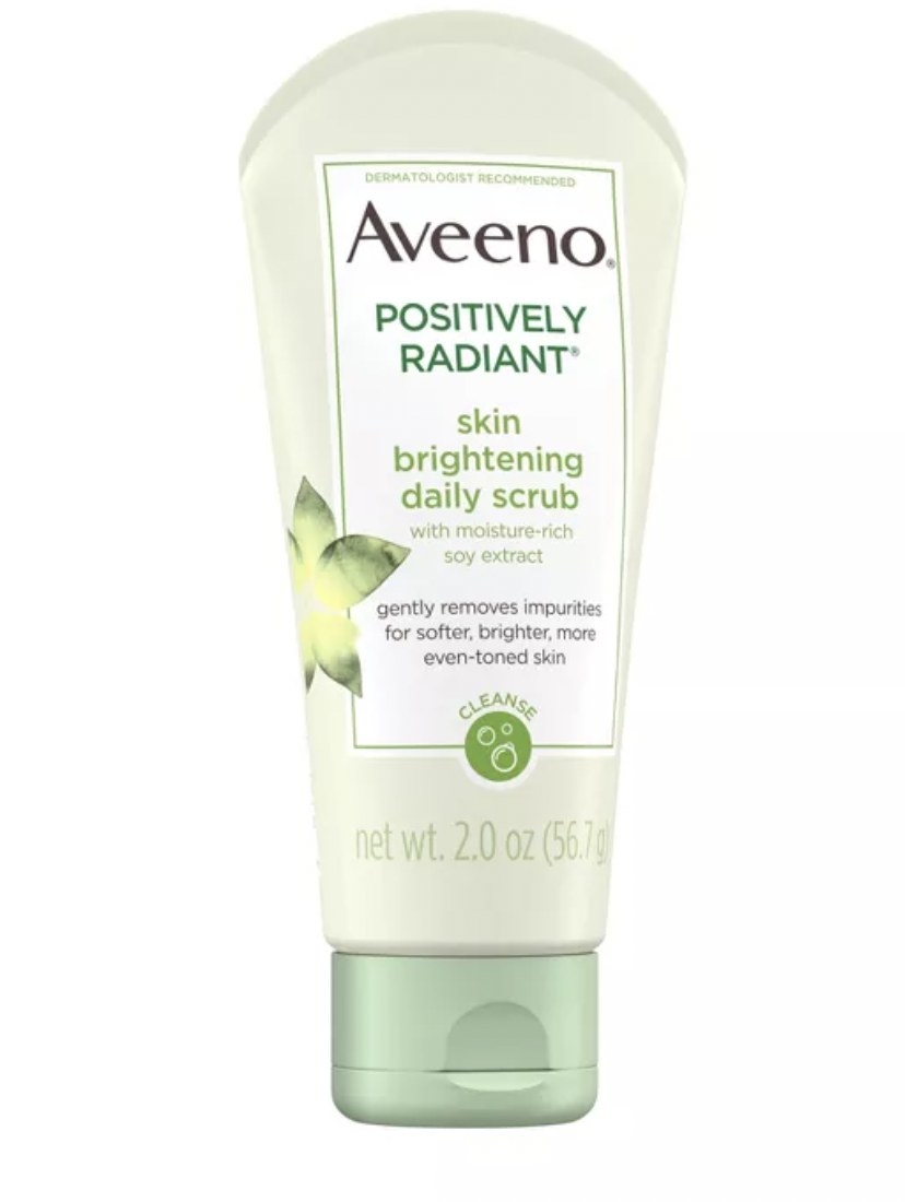 Green bottle of Aveeno&#x27;s skin brightening daily scrub