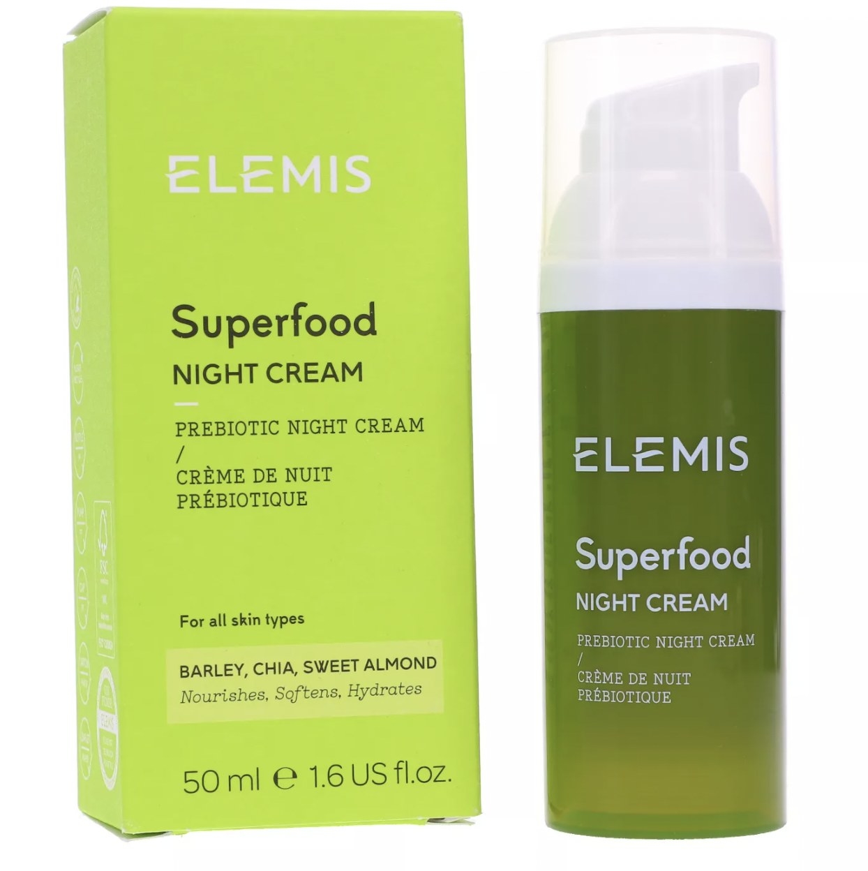 Green Elemis Superfood Night Cream packaging and bottle product shot
