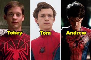 On the left, Tobey Maguire as Spider-Man, in the middle, Tom Holland as Spider-Man, and on the right, Andrew Garfield as Spider-Man