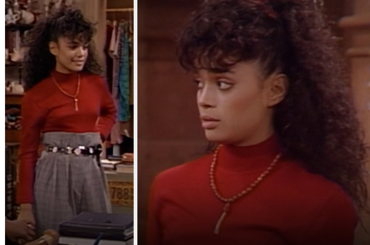 Denise prepares for her grandfather's visit in "A Different World" and wears a red turtleneck paired with high waisted pants