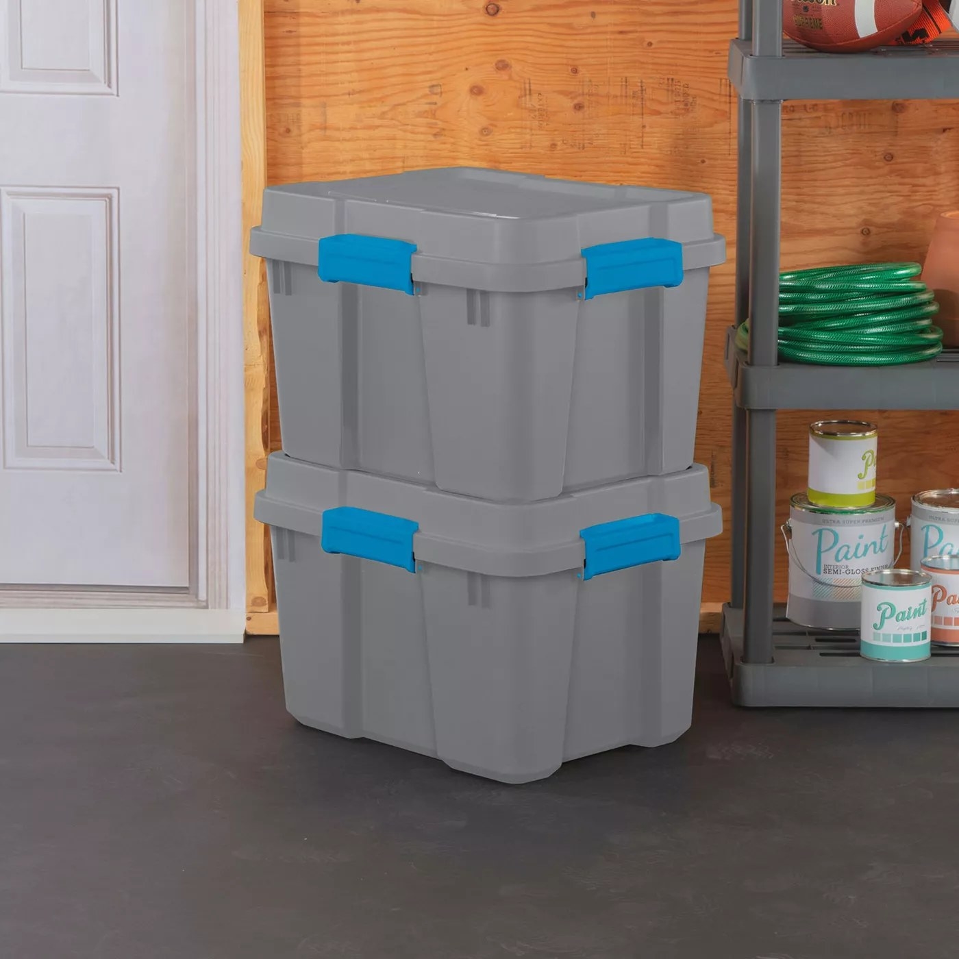 The gray and blue storage boxes