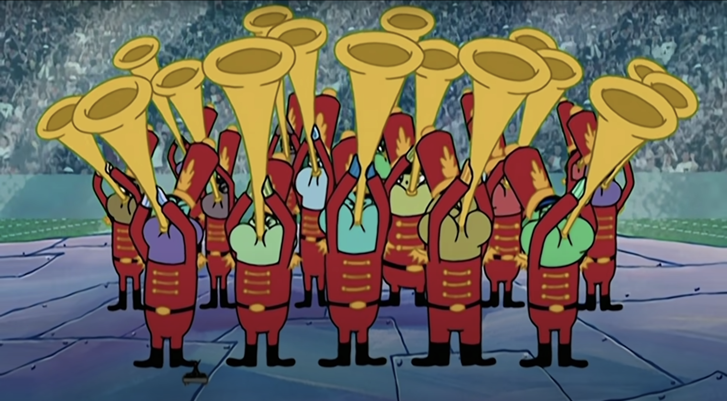 Fish in a marching band play the trumpet in perfect fanfare in &quot;Spongebob Squarepants&quot;