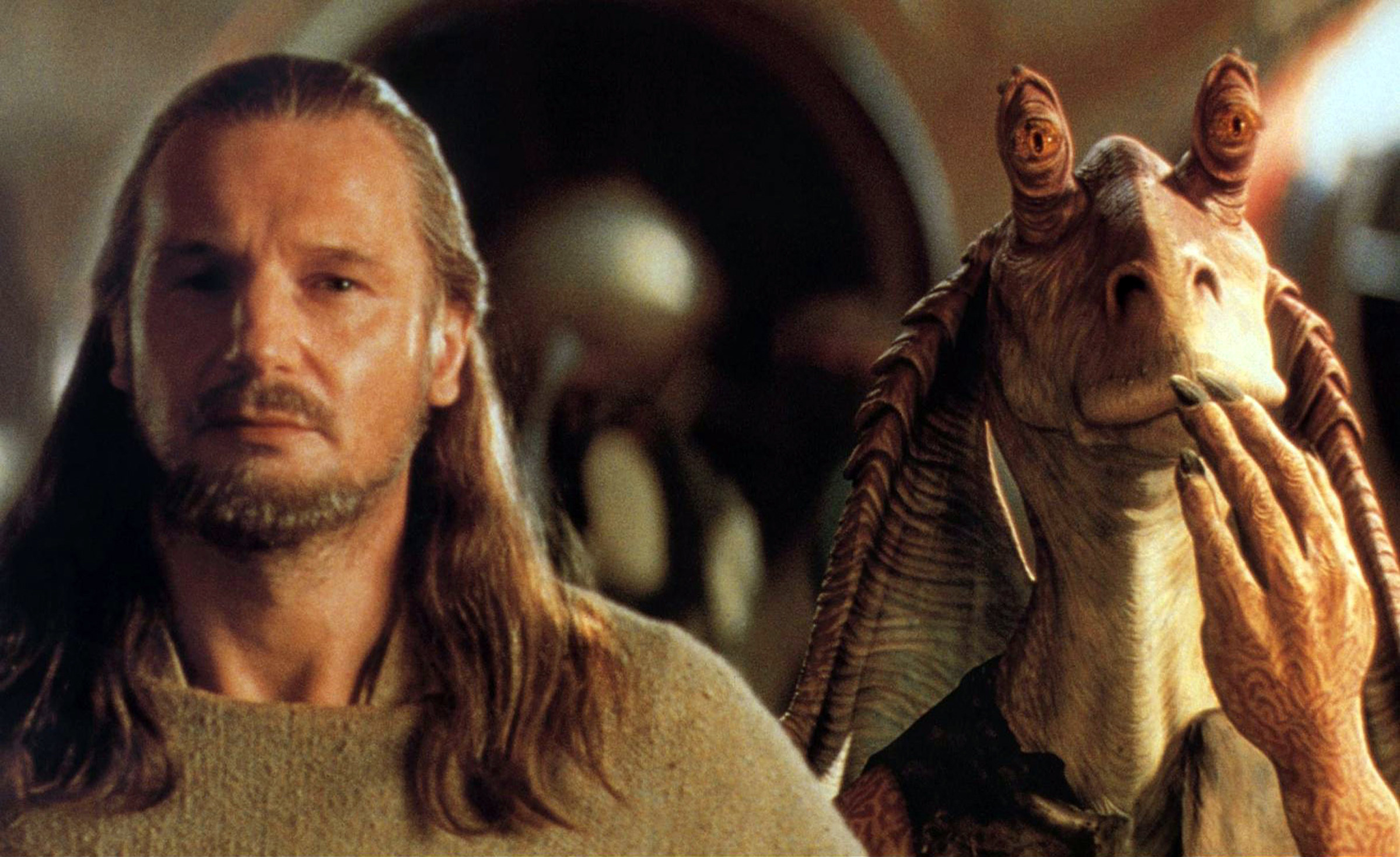 Liam Neeson as Qui-Gon Jinn standing next to Jar-Jar Binks in &quot;Star Wars, Episode I: The Phantom Menace&quot;