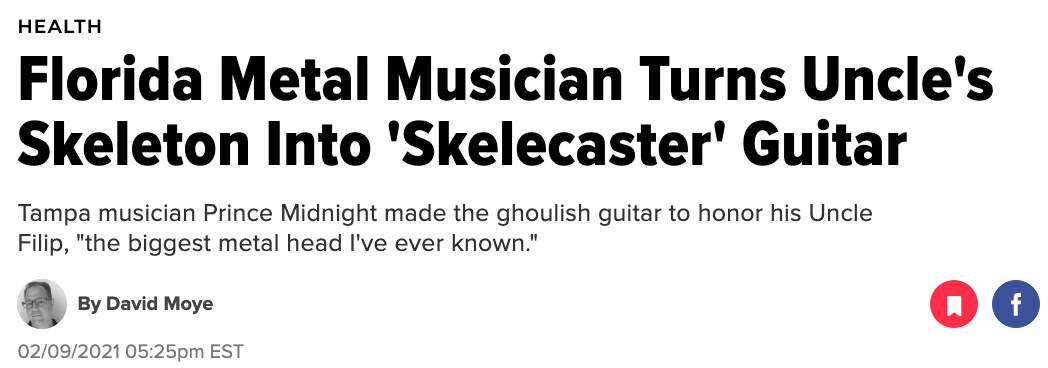 A headline that says Florida Metal Musician Turns Uncle&#x27;s Skeleton Into &#x27;Skelecaster&#x27; Guitar