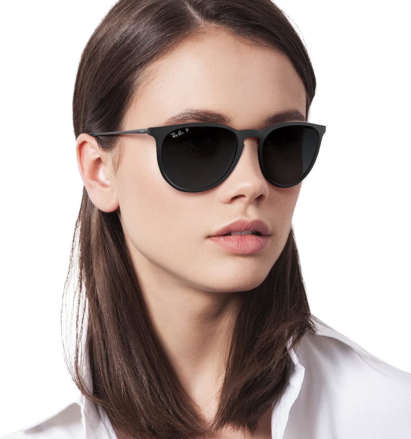 model wears black Ray-Ban sunglasses