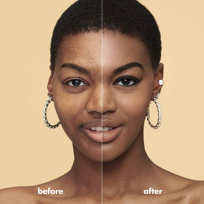 Model showing before and after of her face with and without primer