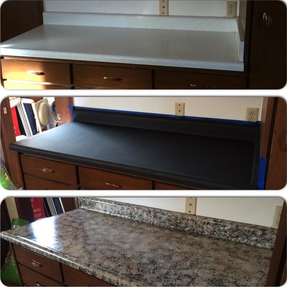 three side by side reviewer images of a kitchen counter before, during, and after being painted
