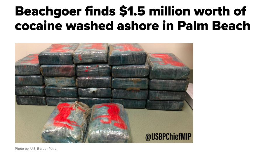 A headline that says Beachgoer finds $1.5 million worth of cocaine washed ashore in Palm Beach