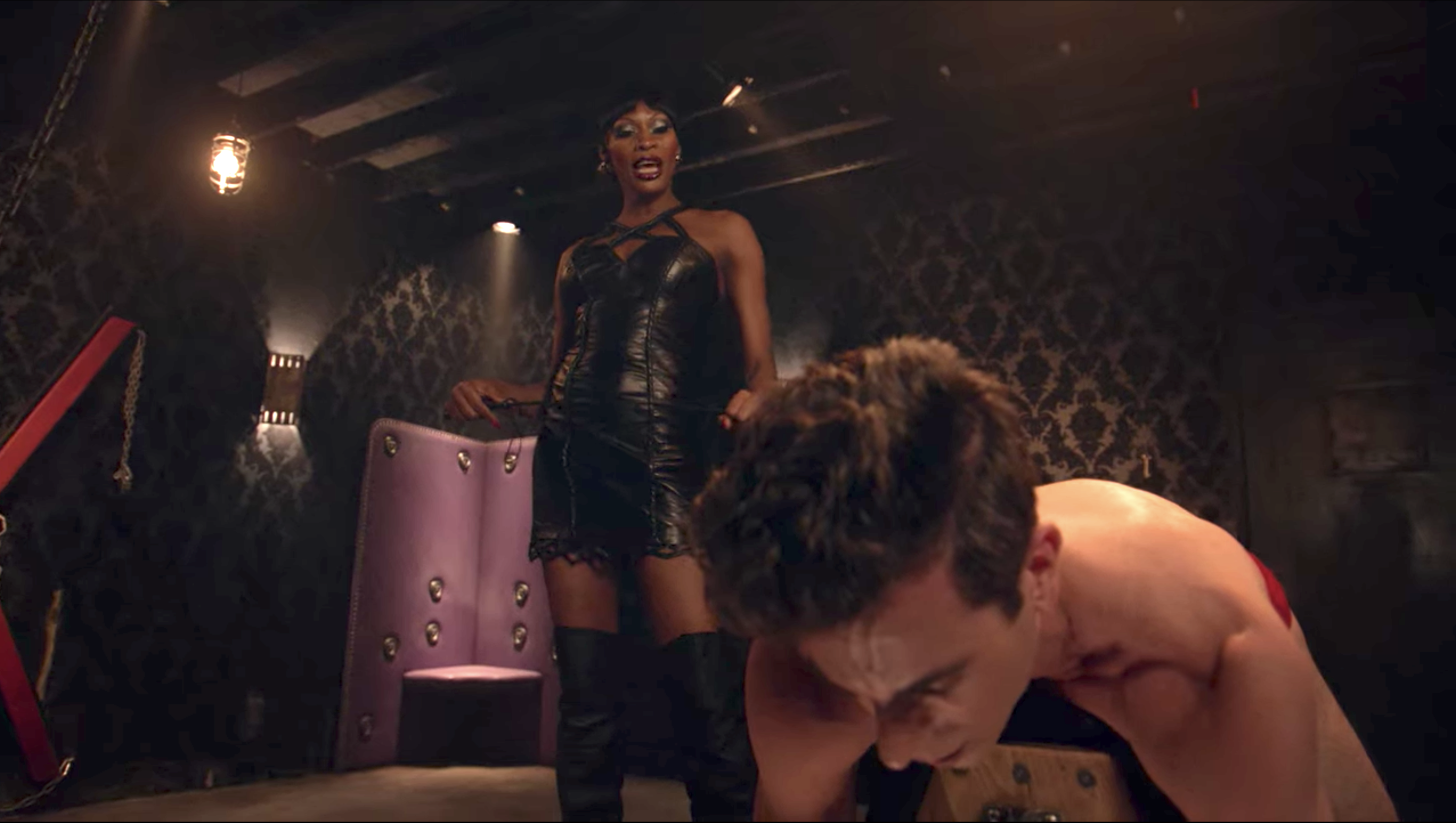 Dominique Jackson as Elektra is a dominatrix in &quot;Pose&quot; and stands over her submissive