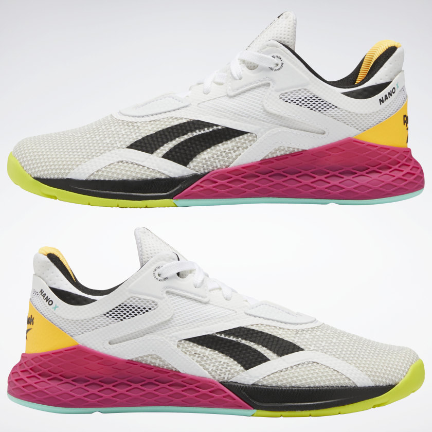 Nano X training sneakers with a yellow, lime green, and magenta pink design