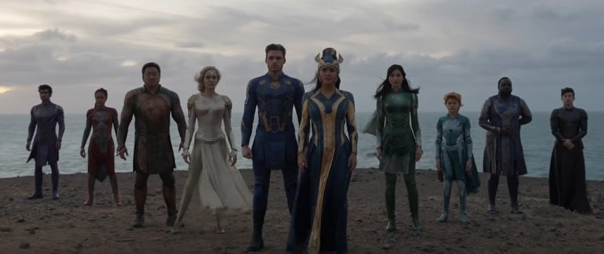 The Eternals standing together on an oceanside cliff in &quot;Eternals&quot;