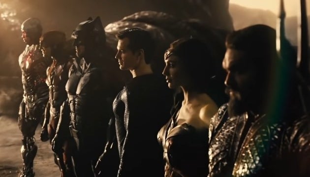 The Justice League standing in the sunset atop a nuclear cooling tower in &quot;Zack Snyder&#x27;s Justice League&quot;