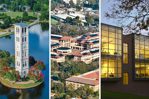 Three split images of college campuses in the US.