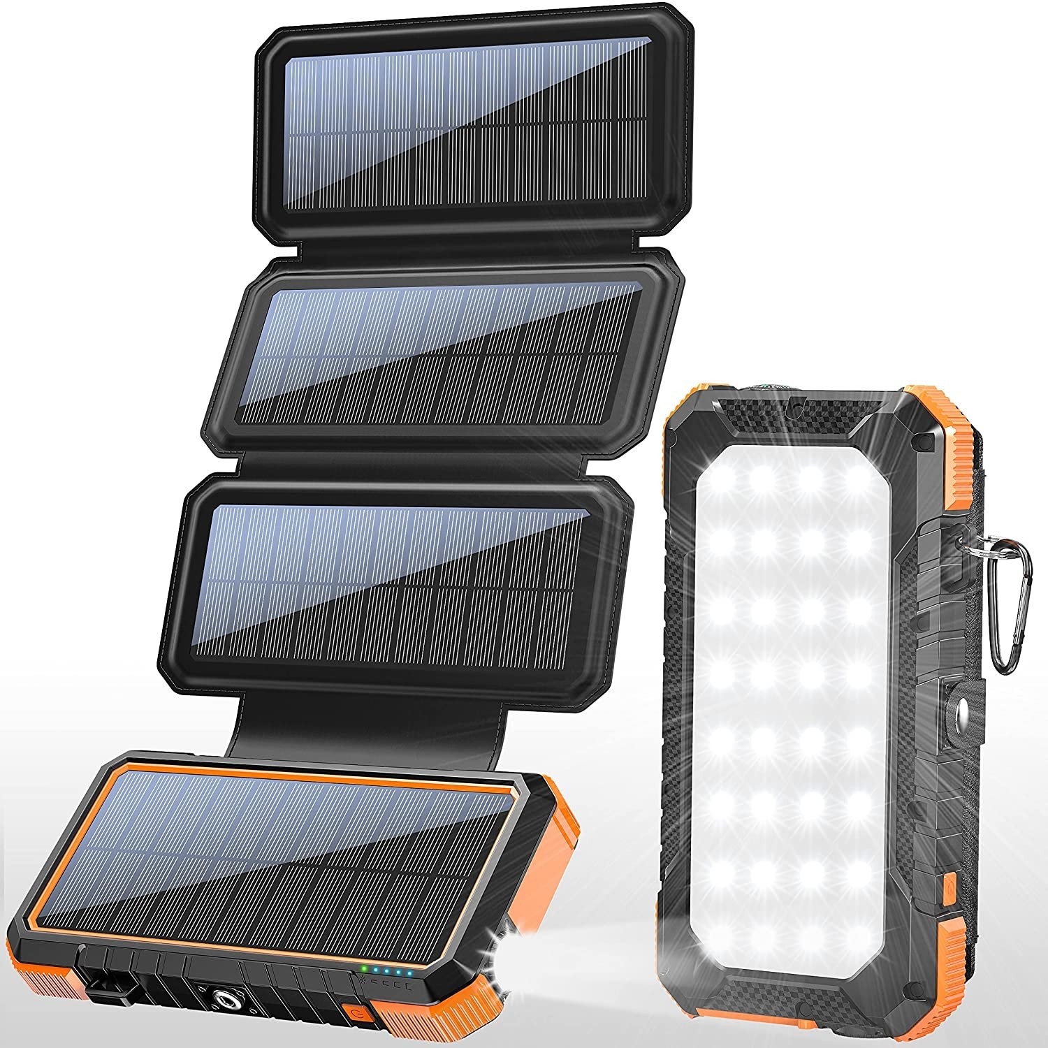 Orange and black solar powered portable charger next to unfolded version