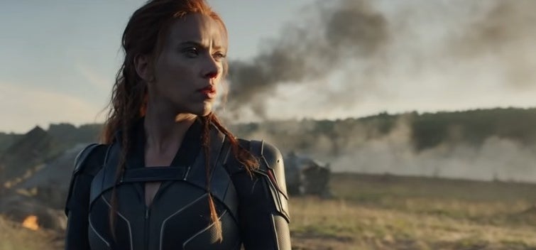 Black Widow standing in the wreckage of the Red Room in &quot;Black Widow&quot;