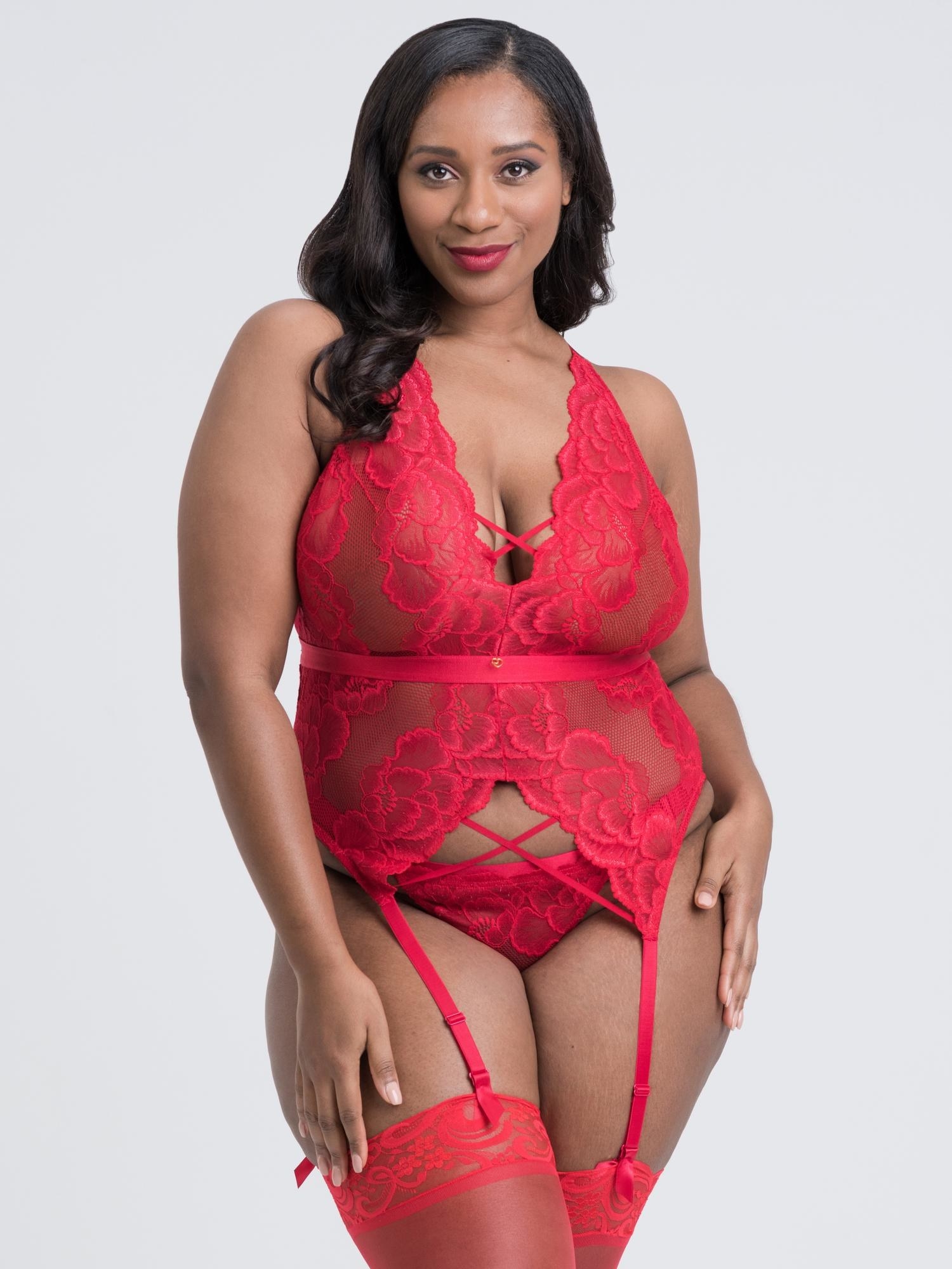 model in red lingerie set