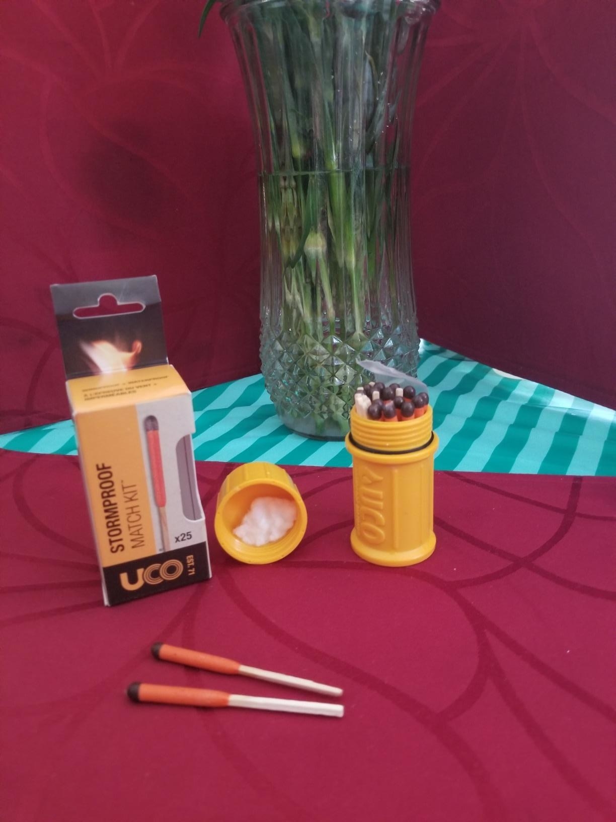 Reviewer image of orange container filled with matches next to box
