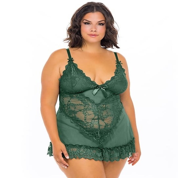 model wearing lacy green nightgown