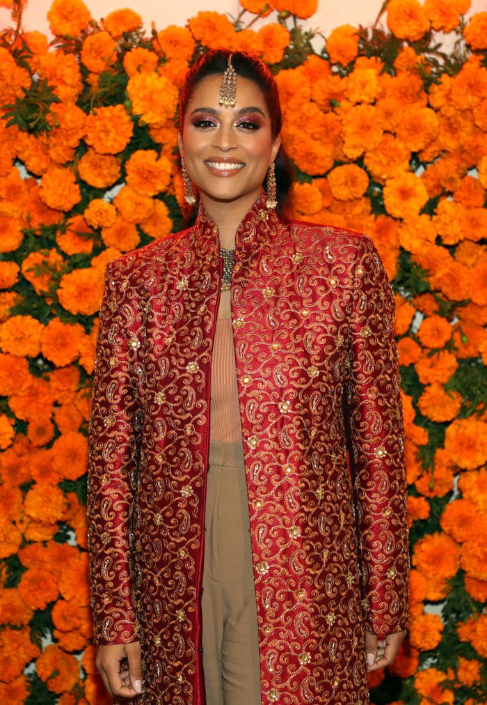 Lilly Singh poses at the Phenomenal x Live Tinted Diwali Dinner Hosted by Mindy Kaling on November 03, 2021