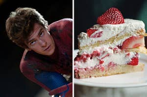On the left, Andrew Garfield as Spider-Man, and on the right, a piece of strawberry shortcake