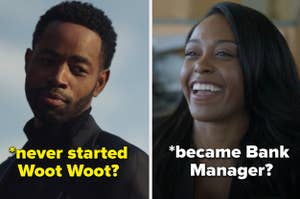 Lawrence is on the left labeled, "never started Woot Woot?" with Tasha on the right labeled, "became Bank Manager?'