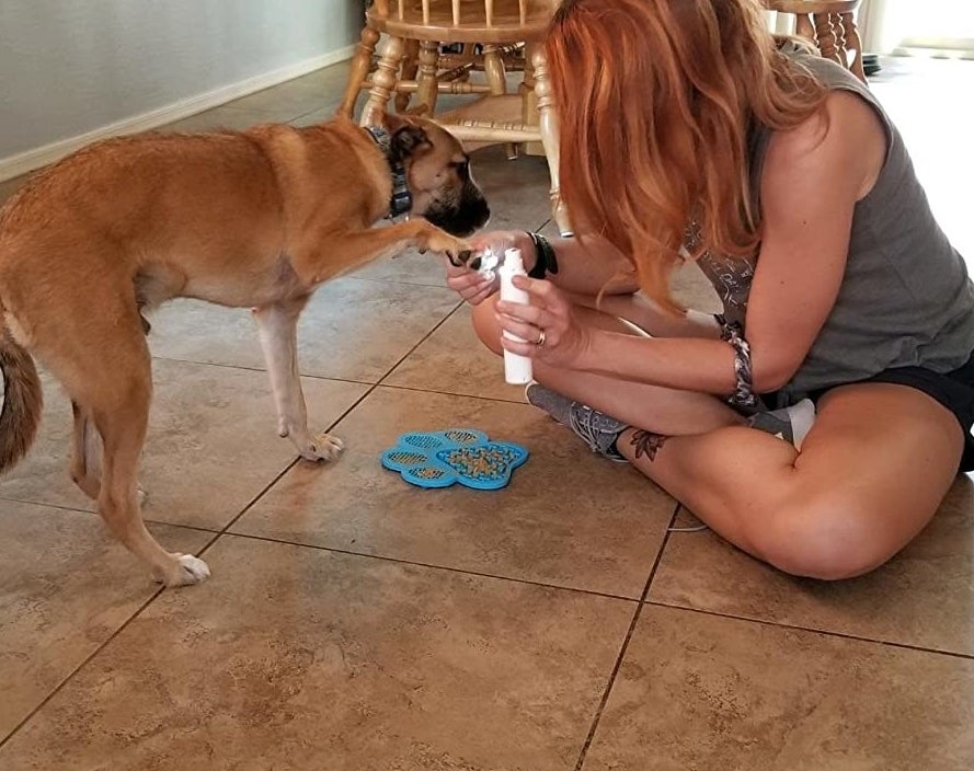 Reviewer photo of a person holding their dog's paw and using the nail grinder on it