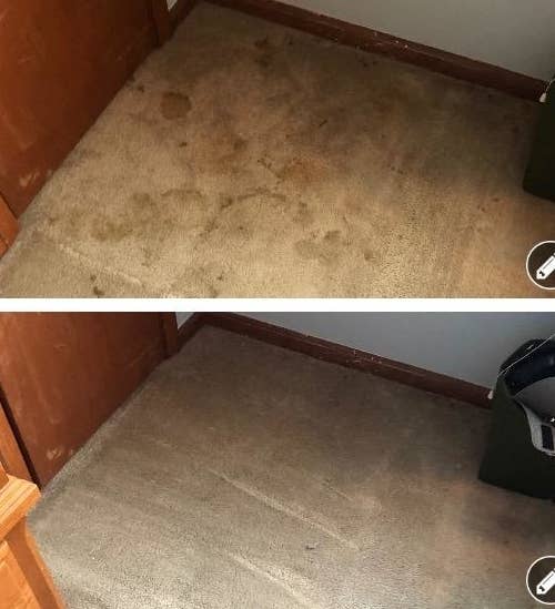 Reviewer before and after of their carpet being cleaned with the vacuum