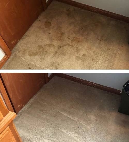 Reviewer before and after of their carpet being cleaned with the vacuum