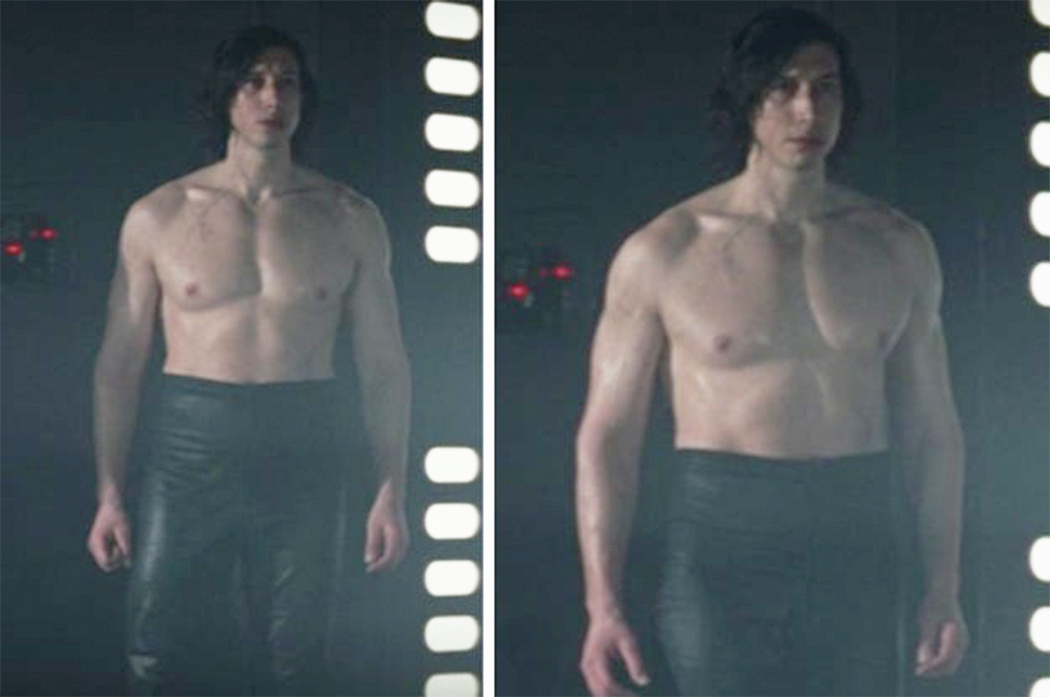 Left: Adam Driver as Kylo Ren standing in high waisted pants without a shirt on in &quot;The Last Jedi&quot; Right: Adam Driver as Kylo Ren looks on in &quot;The Last Jedi&quot;