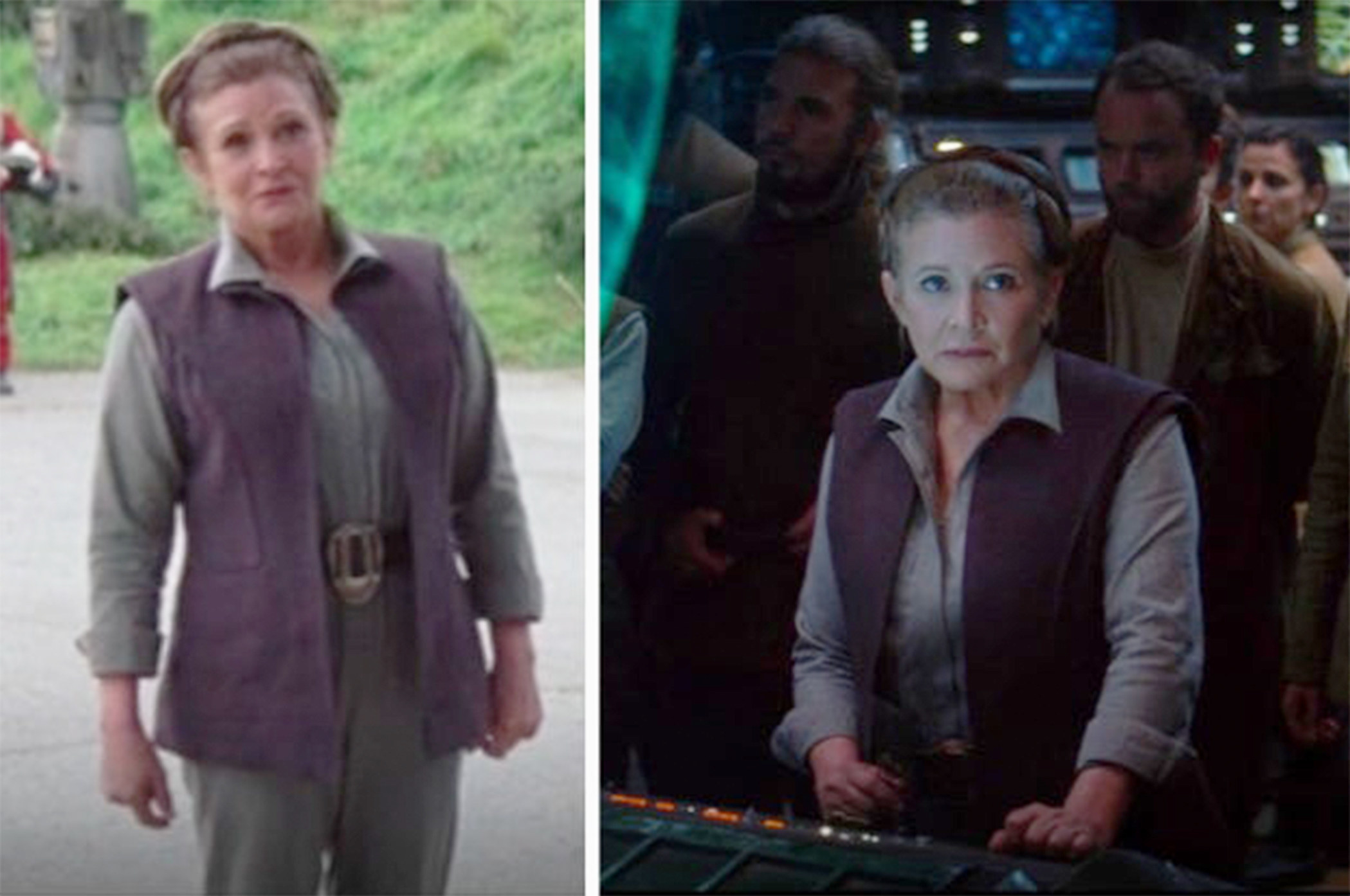 Left: Carrie Fisher as Princess Leia wears a vest over a button up shirt in &quot;The Force Awakens&quot; Right: Carrie Fisher as Princess Leia looks up from her place at a console in &quot;The Force Awakens&quot;