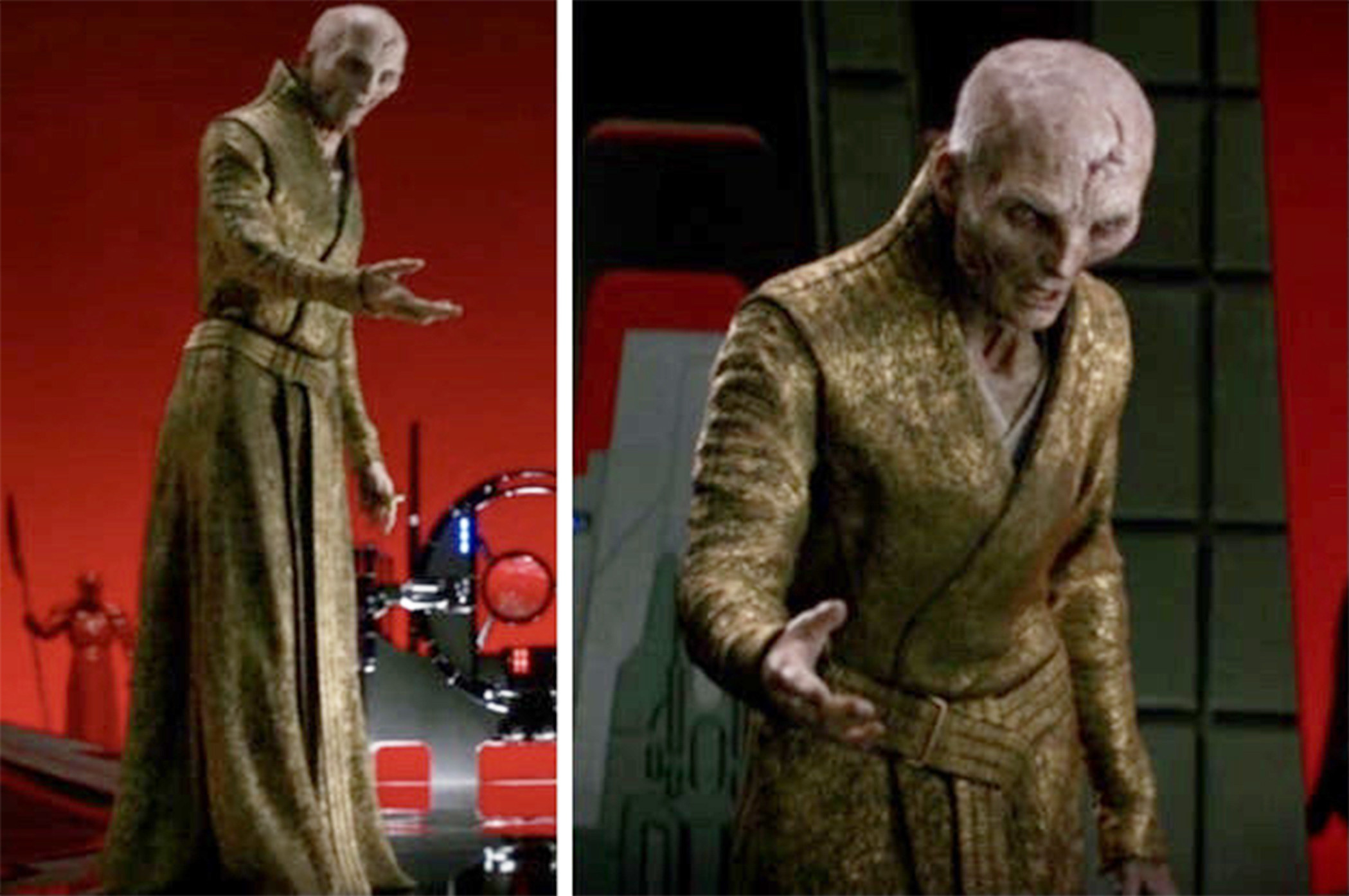 Left: Andy Serkis as Snoke wears a long belted robe and stretches out his arm as he stands in &quot;The Last Jedi&quot; Right: Andy Serkis as Snoke leans forward and gestures with his hand in &quot;The Last Jedi&quot;
