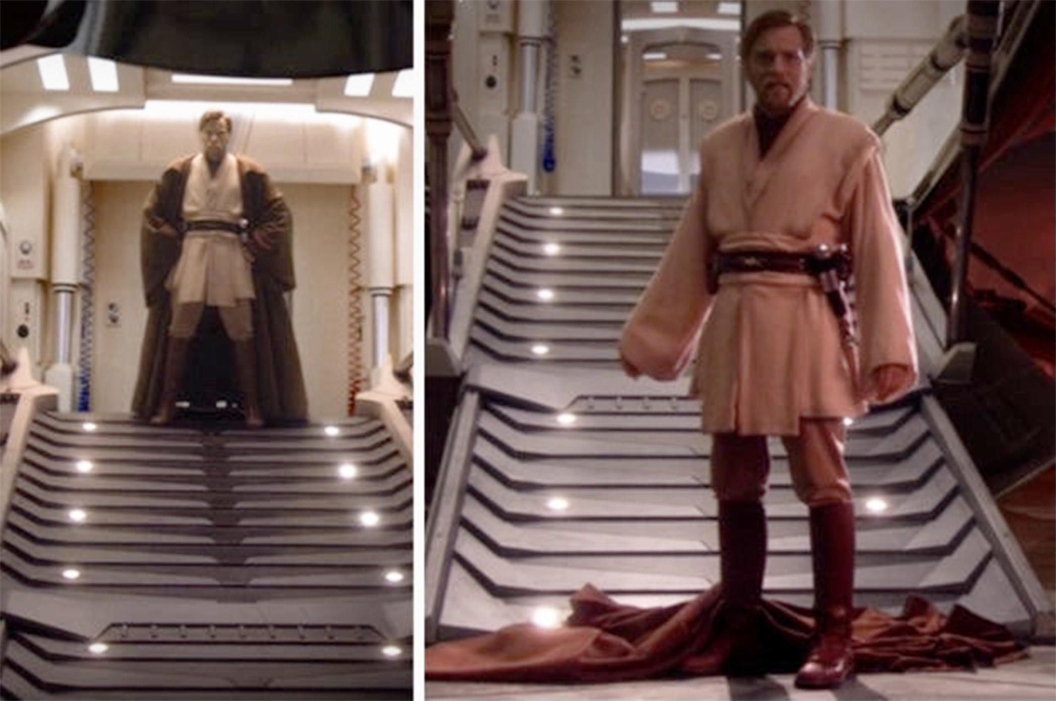 Left: Ewan McGregor as Obi-Wan Kenobi wears a robe and stands in the walkway of a spaceship in &quot;Revenge of the Sith&quot; Right: Ewan McGregor as Obi-Wan Kenobi stands at the base of a spaceship with his robe on the floor behind him in &quot;Revenge of the Sith&quot;