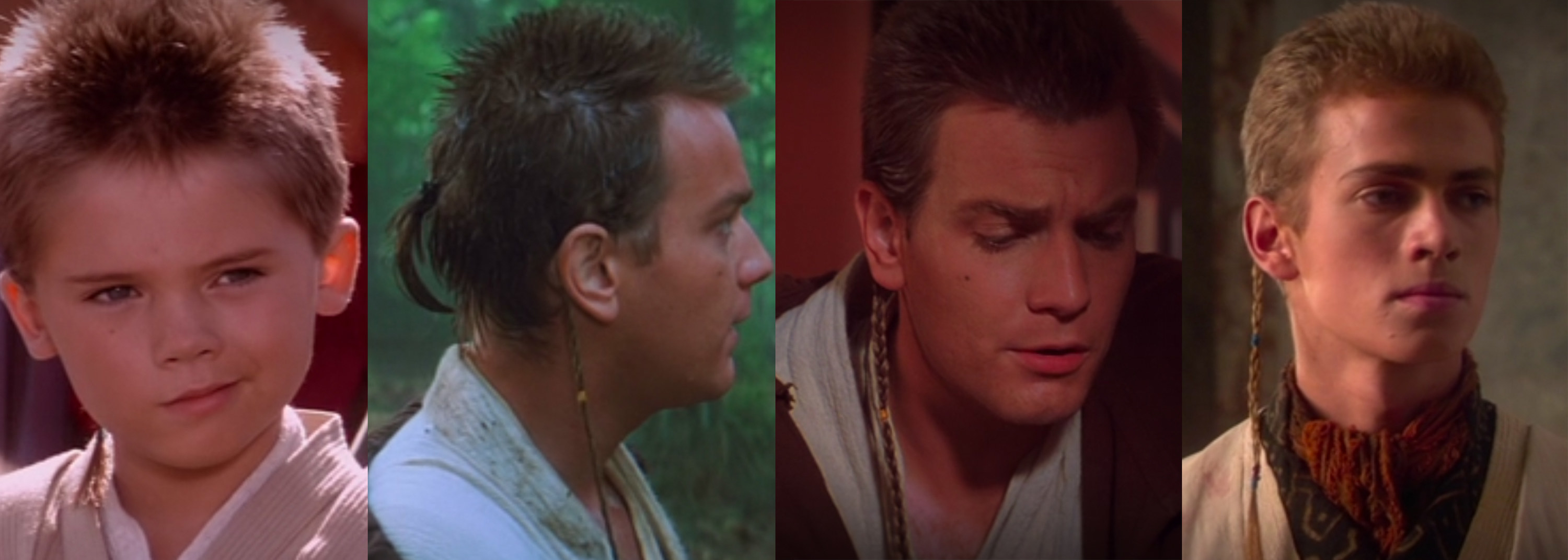 Left: Jake Lloyd as Anakin Skywalker looks on in &quot;The Phantom Menace&quot; Middle: Ewan McGregor as Obi-Wan Kenobi with a small ponytail and braid in &quot;The Phantom Menace&quot; Right: Hayden Christensen as Anakin Skywalker with a braid in &quot;Attack of the Clones&quot;