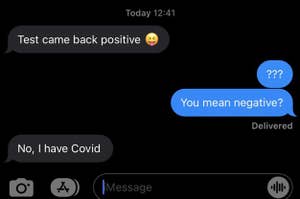 A mom saying her covid test came back positive, and using a silly emoji