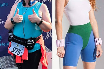 on left, reviewer wears hydration running belt with water bottle spots. on right, model wears pink Balla Bangle wrist weights