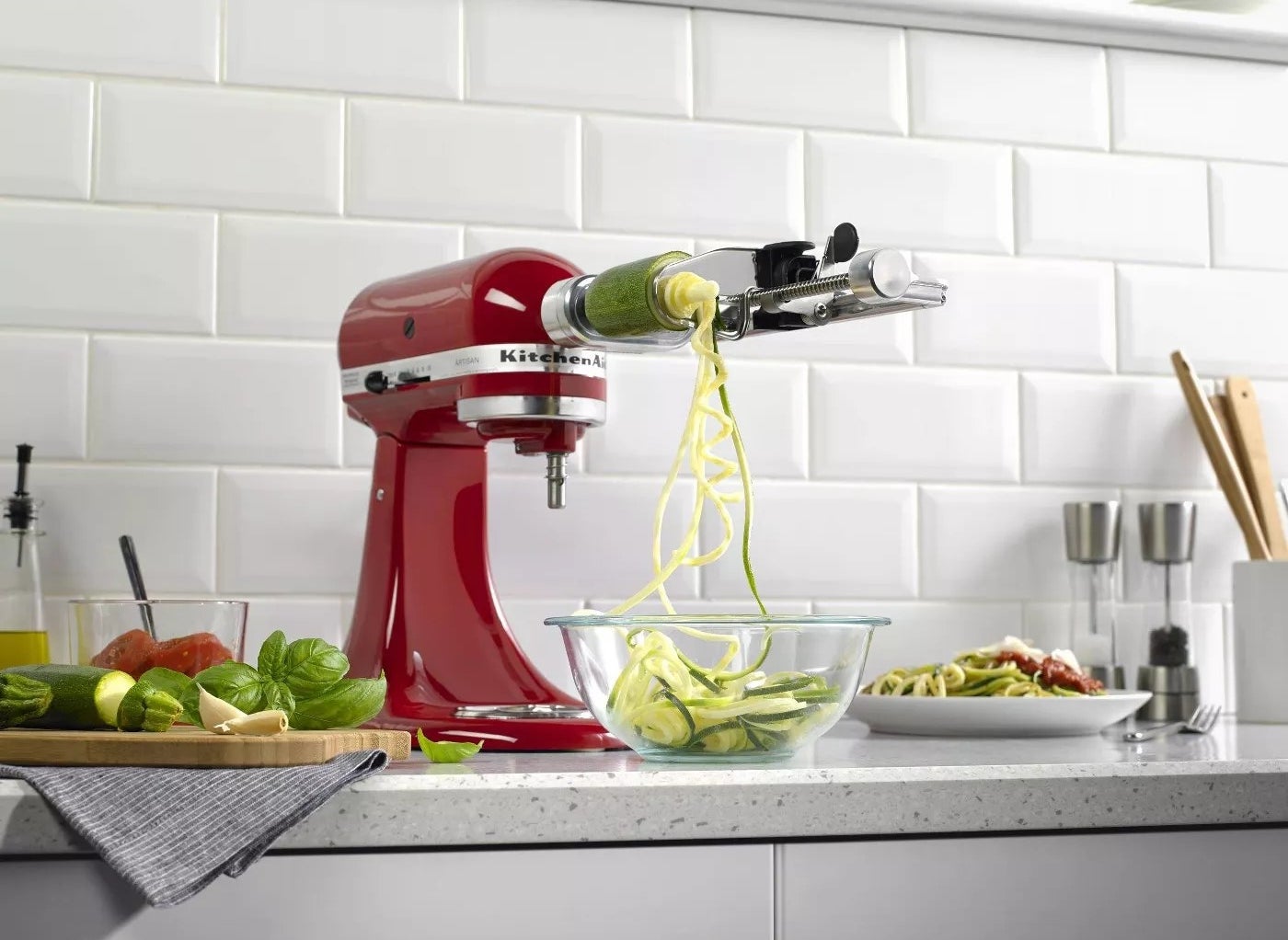 The KitchenAid spiralizer making zucchini noodles