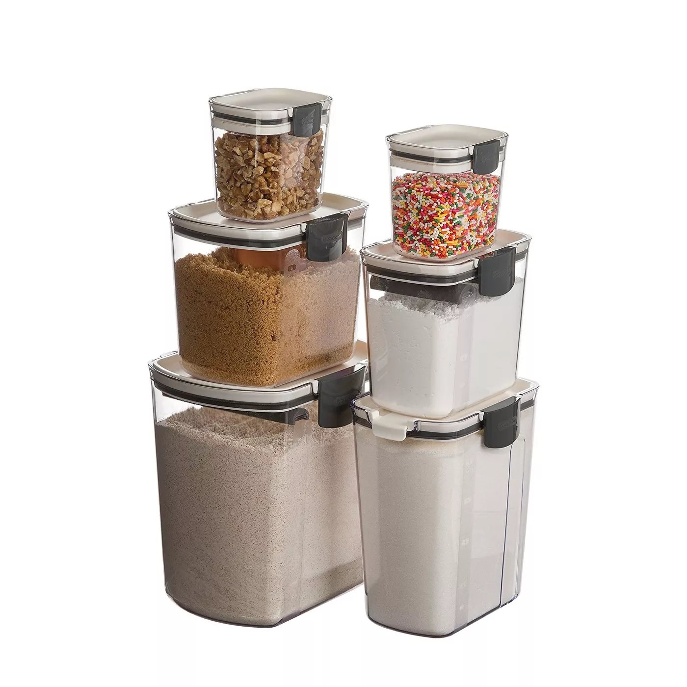 The airtight containers holding baking ingredients
