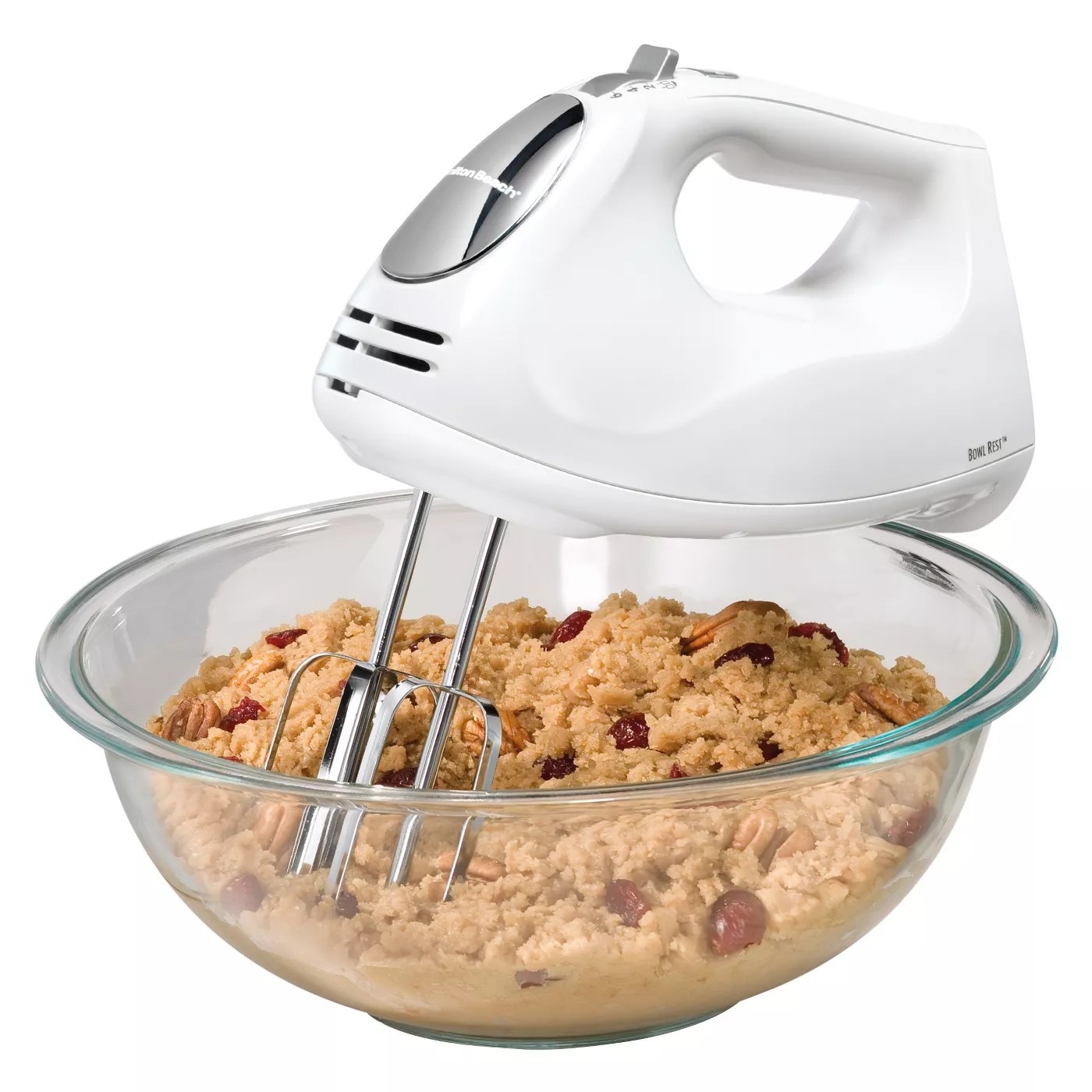 The white and silver hand mixer