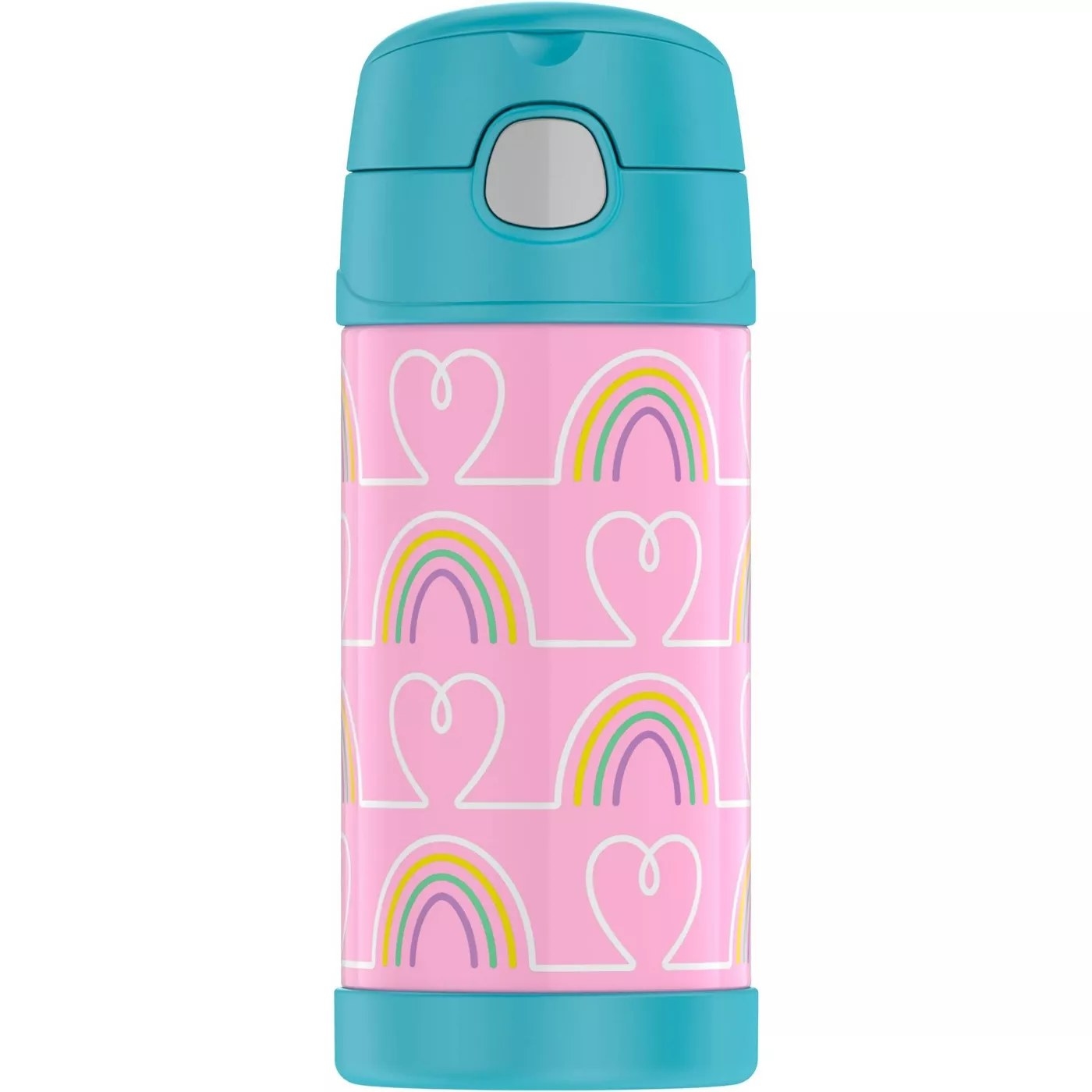 The pink and blue Thermos with a rainbow-heart pattern
