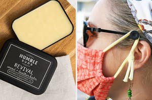 a wood and leather balm and mask ear savers