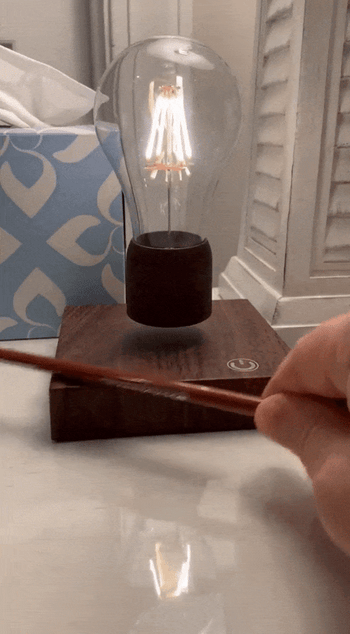gif of reviewer showcasing lamp while running a pencil between the bulb and the base