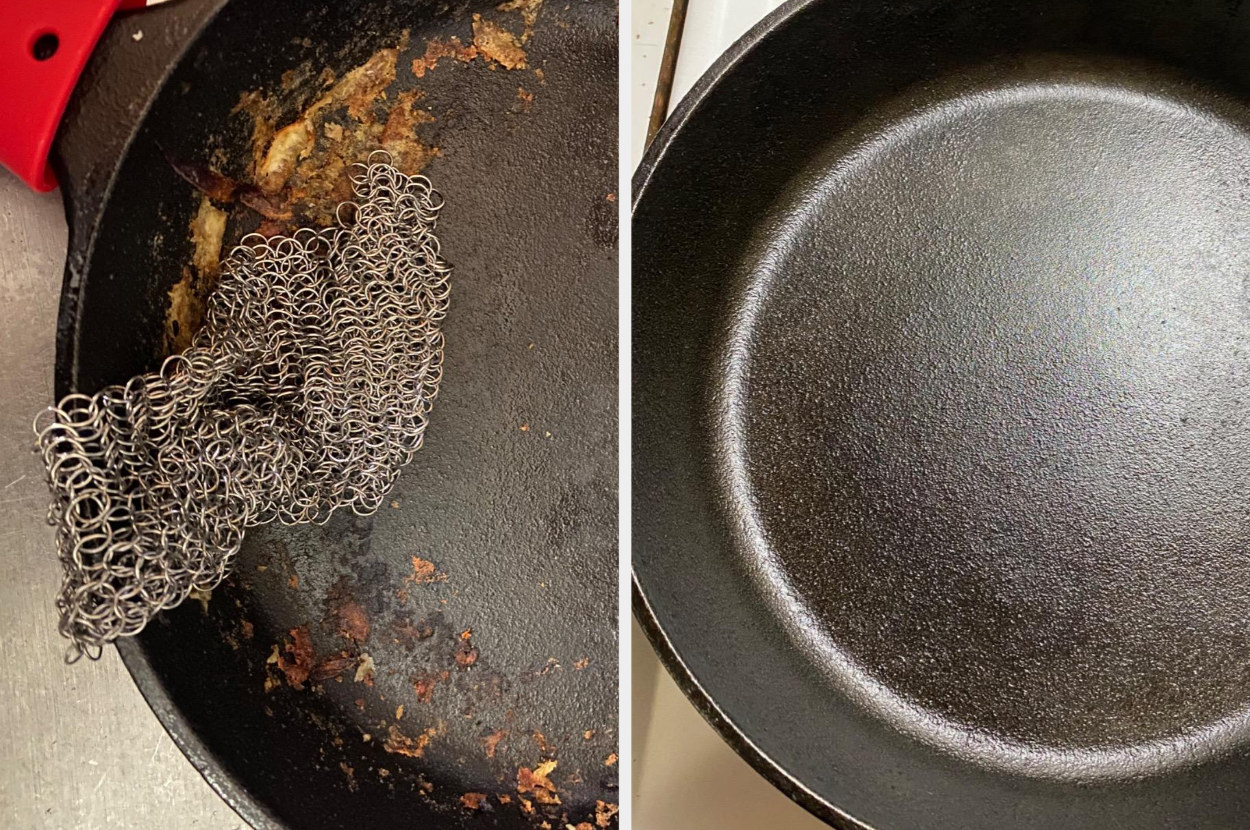 A reviewer&#x27;s before and after - left side showing a dirty cast iron skillet with The Ringer in it, right side is clean after use