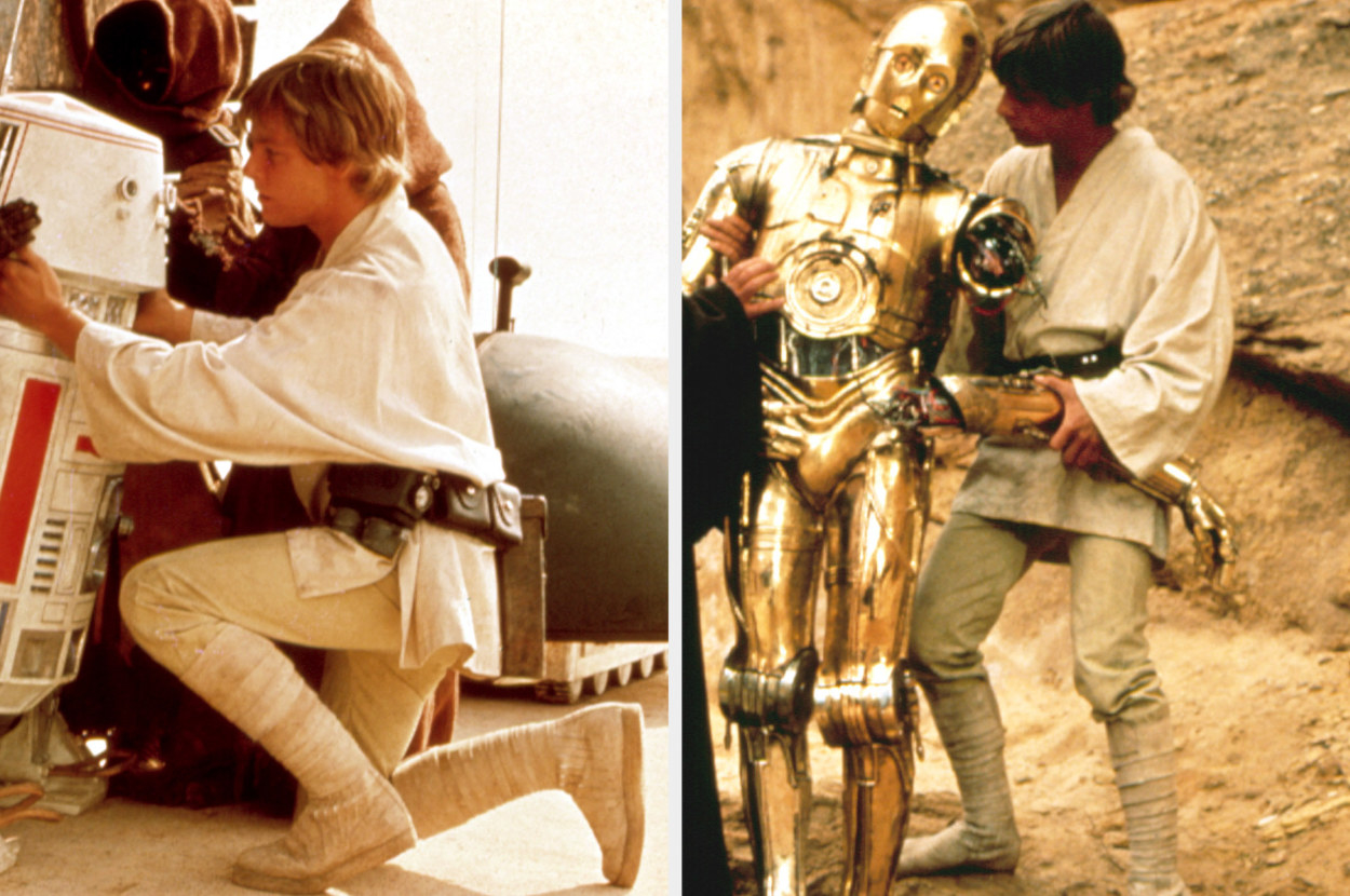 Left: Mark Hamill as Luke Skywalker leaning forward on his knee in &quot;A New Hope&quot; Right: Mark Hamill as Luke Skywalker stands in the desert and holds the arm of a droid in &quot;A New Hope&quot;