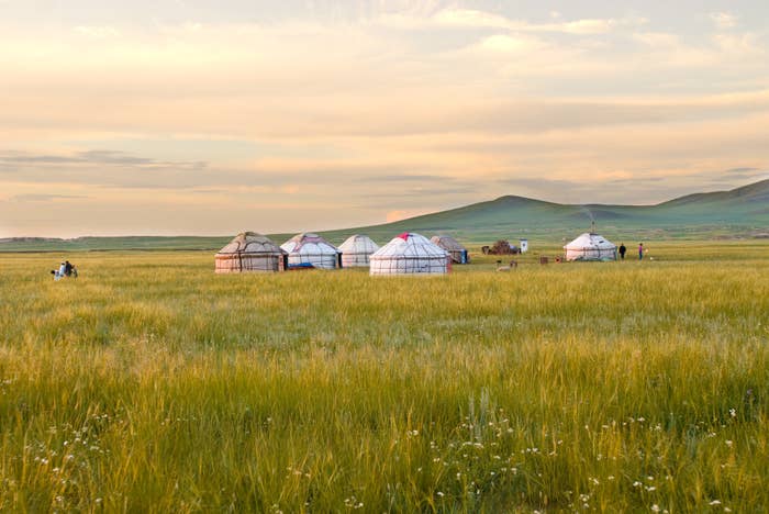 Yurts in Grasslands at sunset.