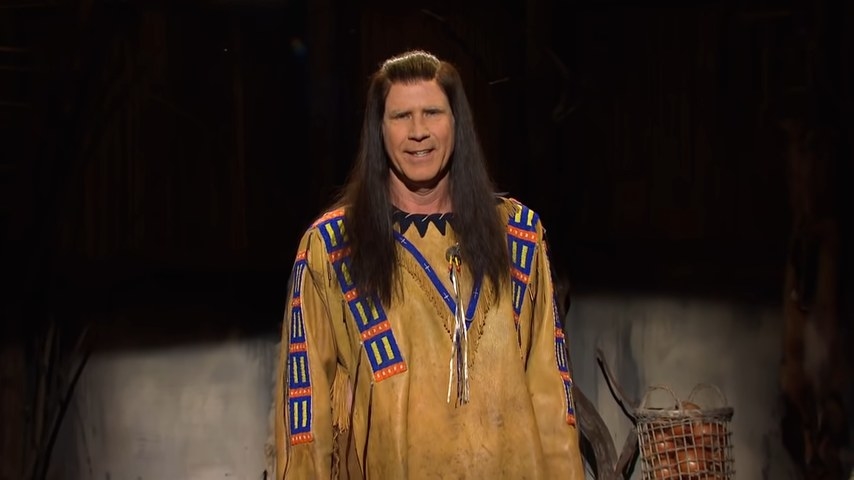 Will Ferrell dressed as Pocahontas&#x27;s grandfather, smiling at the camera, in &quot;Saturday Night Live&quot;