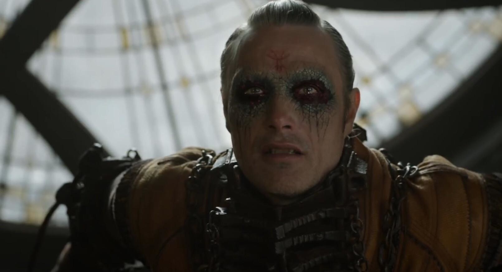 kaecilius is chained up as his mascara runs