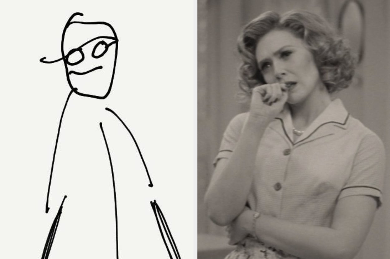 On the left, a stick figure drawing, and on the right, Wanda Maximoff cocking her head to the side in confusion